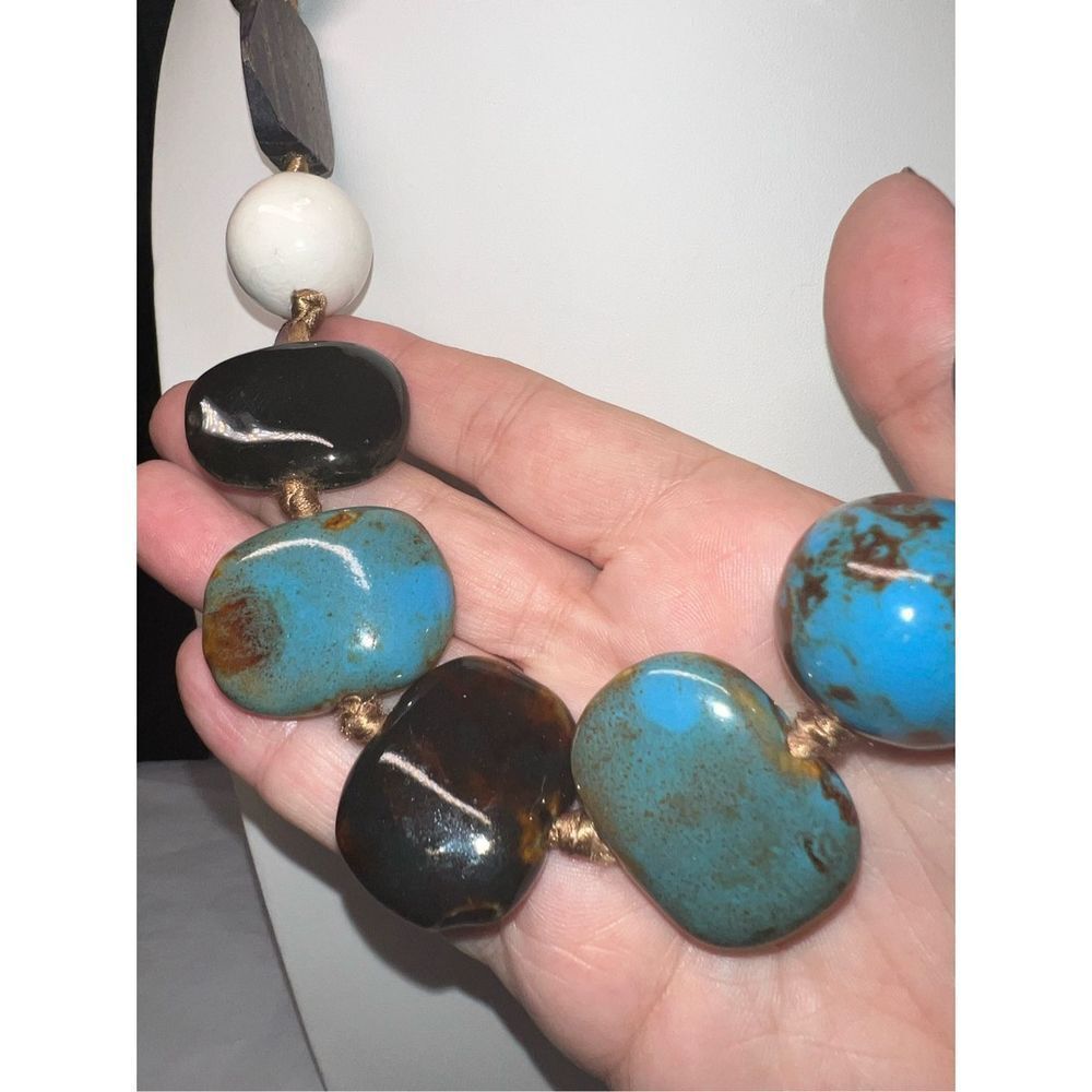 Vintage Large Multi Agate and Gemstone and Wood Beads on Taupe Tie Silk Ribbon - Picture 2 of 11